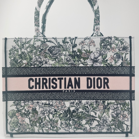 Dior Medium Book Tote White Multicolor D-Floral Embroidery Pink - Picture 1 of 6